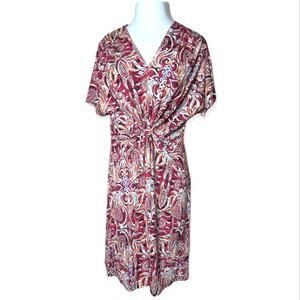 LILY Dark Pink Floral Busy Pattern Cinched V-Neck Midi Flowy Career Dress Large